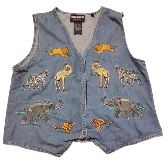 Vtg 90s Y2K Animal Embroidered Denim Vest Safari Africa Elephant Giraffe Zebra L - Picture 1 of 6